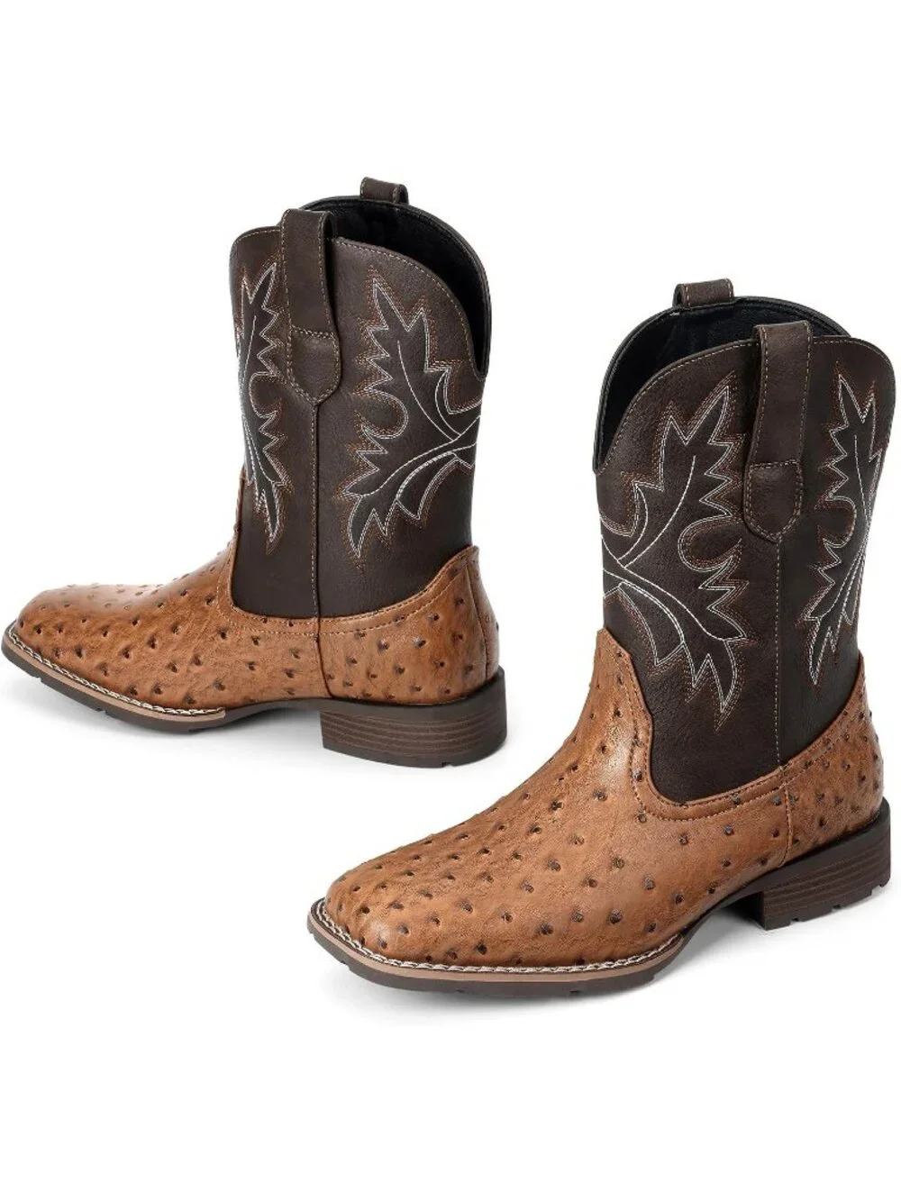 Men's Brown Faux Leather Slip on Square Toe with Classic Embroidered Boots